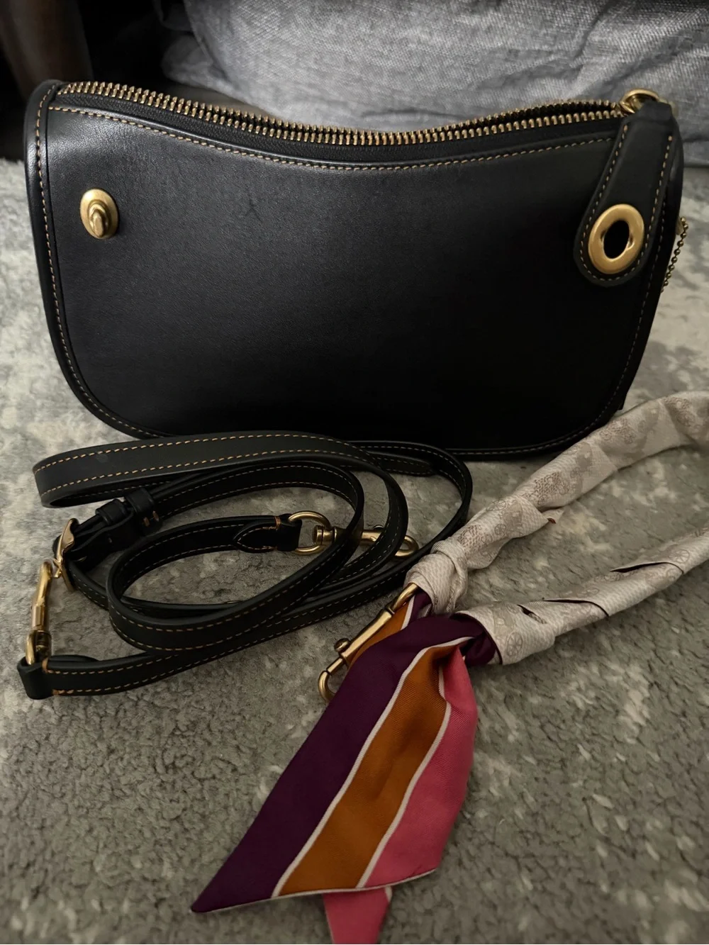 Coach Swinger - Black Women's Shoulder Bag with Coach Colorful Scarf Accent